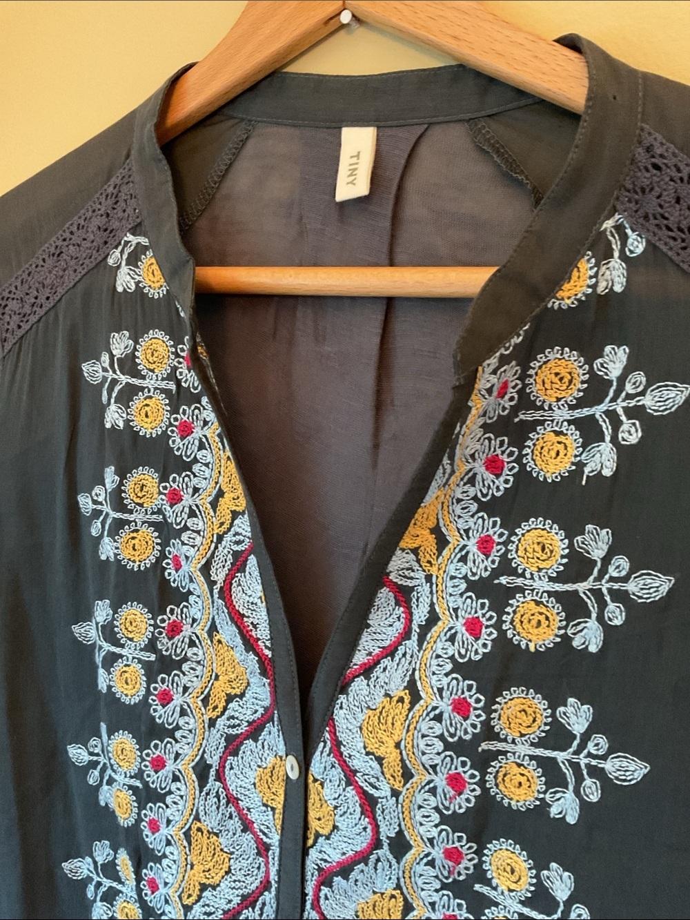 Anthropologie TINY Embroidered Black and Gray Silk Blend Boho V-neck Blouse - Picture 2 of 11